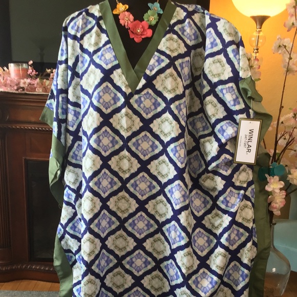 🌸NWT WINLAR MILLI” GEO BLUE & GREEN COVERUP CAFTAN DRESS - Picture 11 of 15